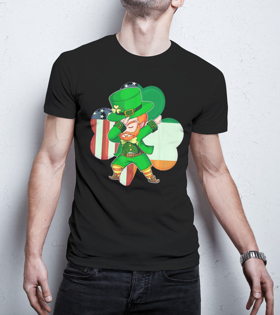 Funny Dabbing Leprechaun Shamrock American Irish Flag T-Shirt