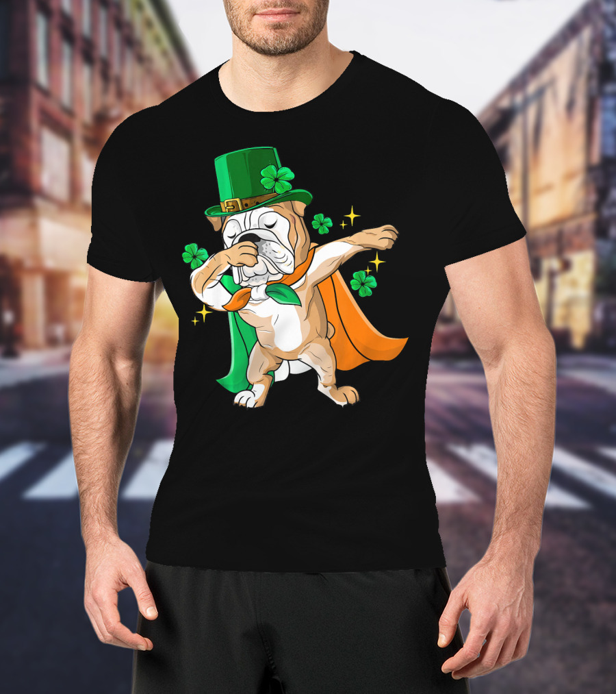 Irish Bulldog Dabbing Leprechaun With Shamrocks T-Shirt