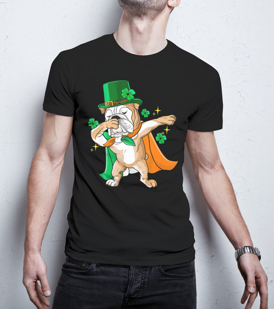 Irish Bulldog Dabbing Leprechaun With Shamrocks T-Shirt