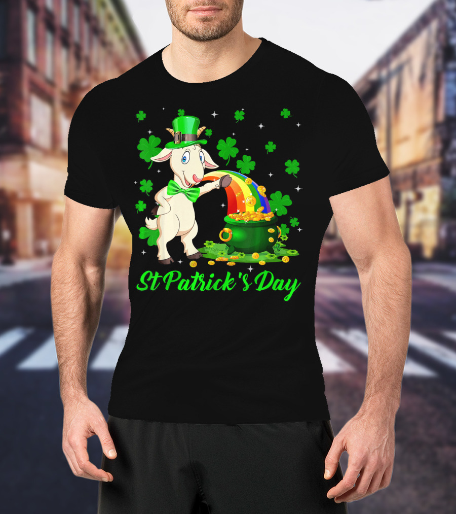 St Patrick's Day Leprechaun Goat Shamrock Rainbow Pot Of Gold T-Shirt