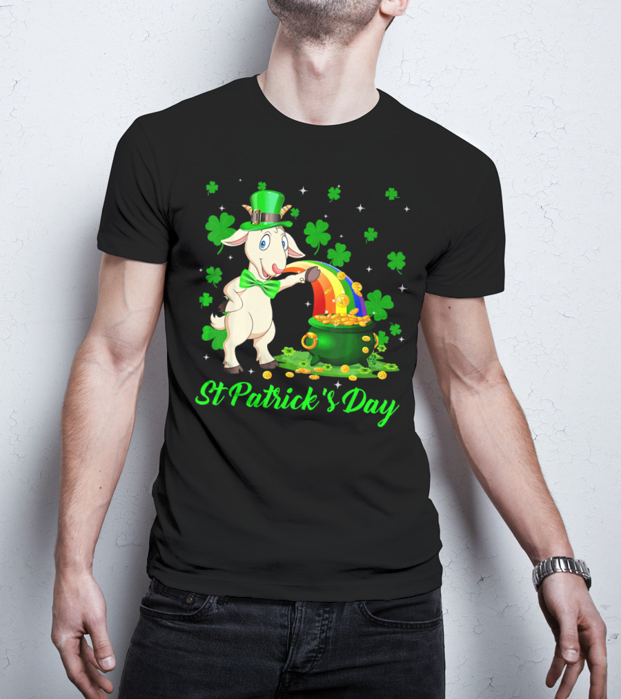 St Patrick's Day Leprechaun Goat Shamrock Rainbow Pot Of Gold T-Shirt