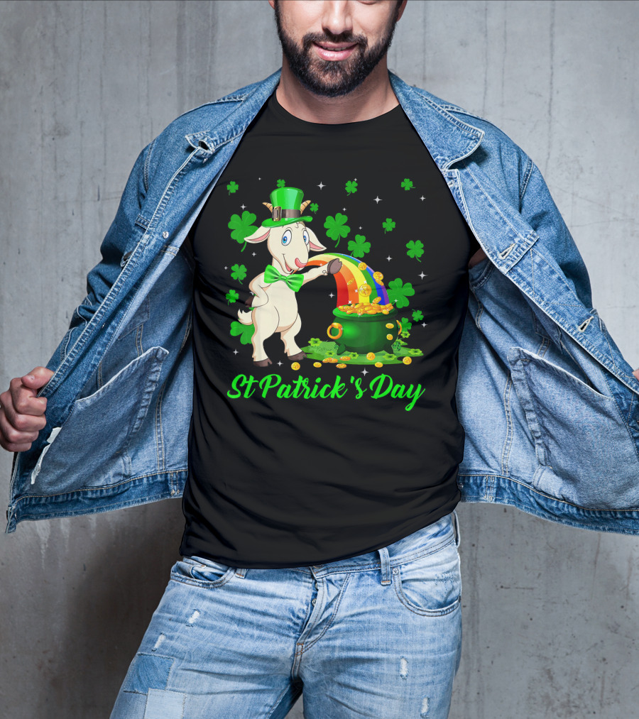 St Patrick's Day Leprechaun Goat Shamrock Rainbow Pot Of Gold T-Shirt