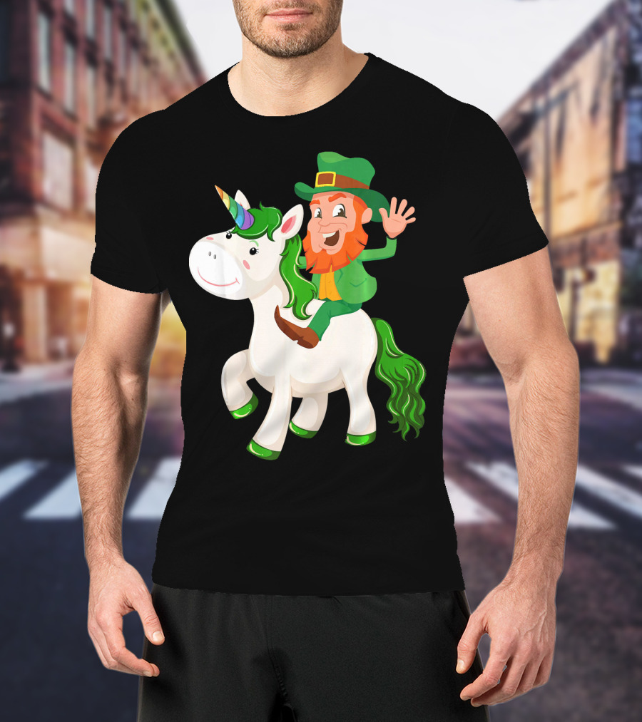 Unicorn Leprechaun Celebration Characters Green Hat And Red Beard Riding Playful Creature T-Shirt