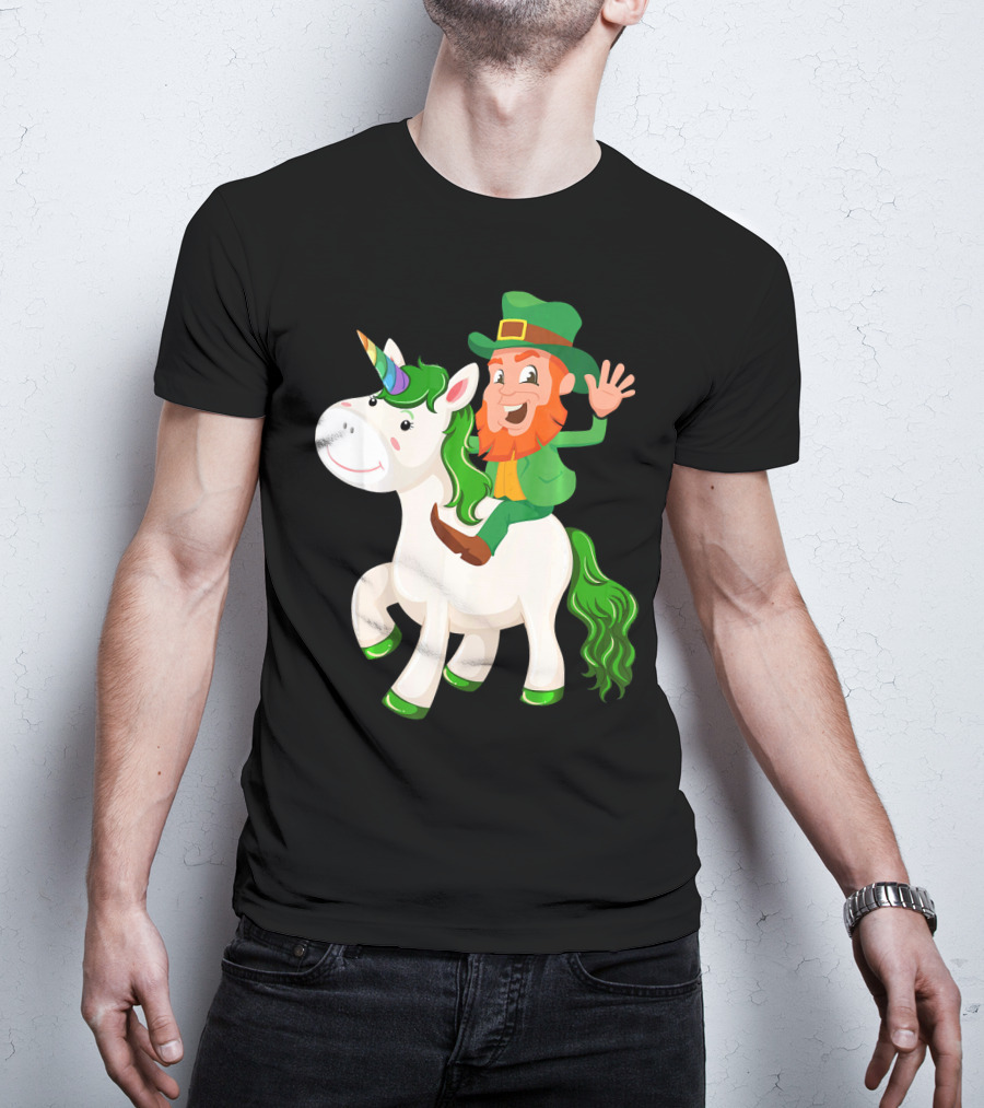 Unicorn Leprechaun Celebration Characters Green Hat And Red Beard Riding Playful Creature T-Shirt
