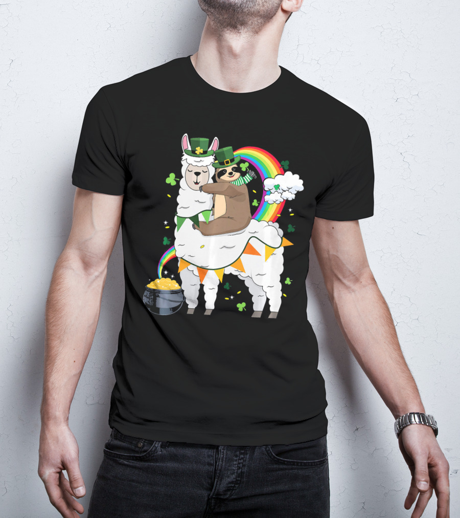 St. Patrick's Day Sloth Leprechaun With Rainbow And Gold On Llama T-Shirt