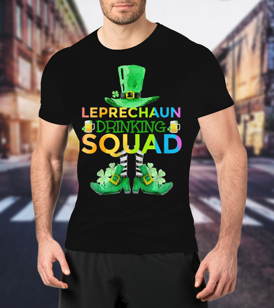 Leprechaun Drinking Squad Beer Rainbow Hat Clover Stripes T-Shirt