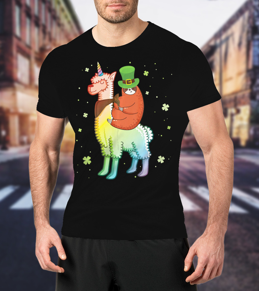 Cute Sloth Leprechaun Riding Rainbow Unicorn Llama With Shamrocks T-Shirt