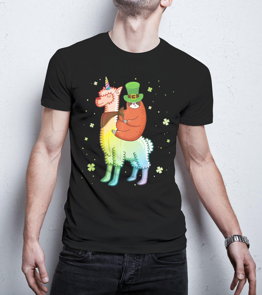 Cute Sloth Leprechaun Riding Rainbow Unicorn Llama With Shamrocks T-Shirt