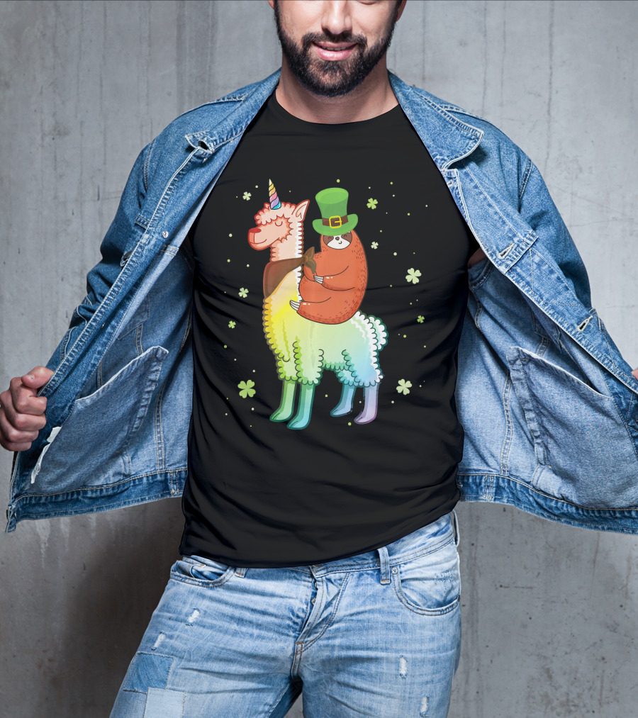 Cute Sloth Leprechaun Riding Rainbow Unicorn Llama With Shamrocks T-Shirt