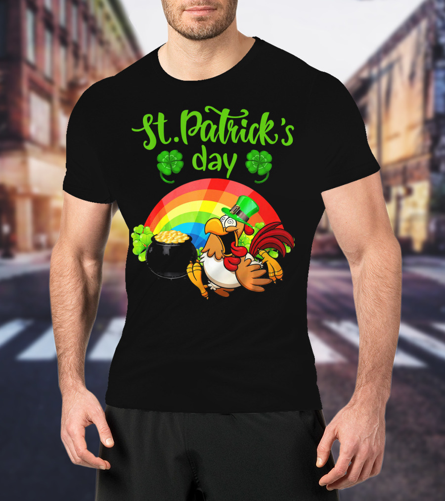 St. Patrick's Day Leprechaun Chicken With Rainbow And Pot Of Gold T-Shirt