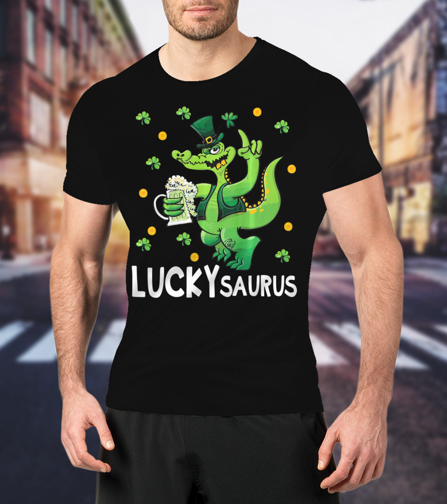 Luckysaurus Dinosaur Leprechaun Drinking Green Beer With Shamrocks And Coins T-Shirt