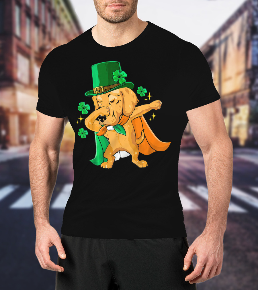 Golden Retriever Dabbing In Leprechaun Hat With Shamrock Cape T-Shirt