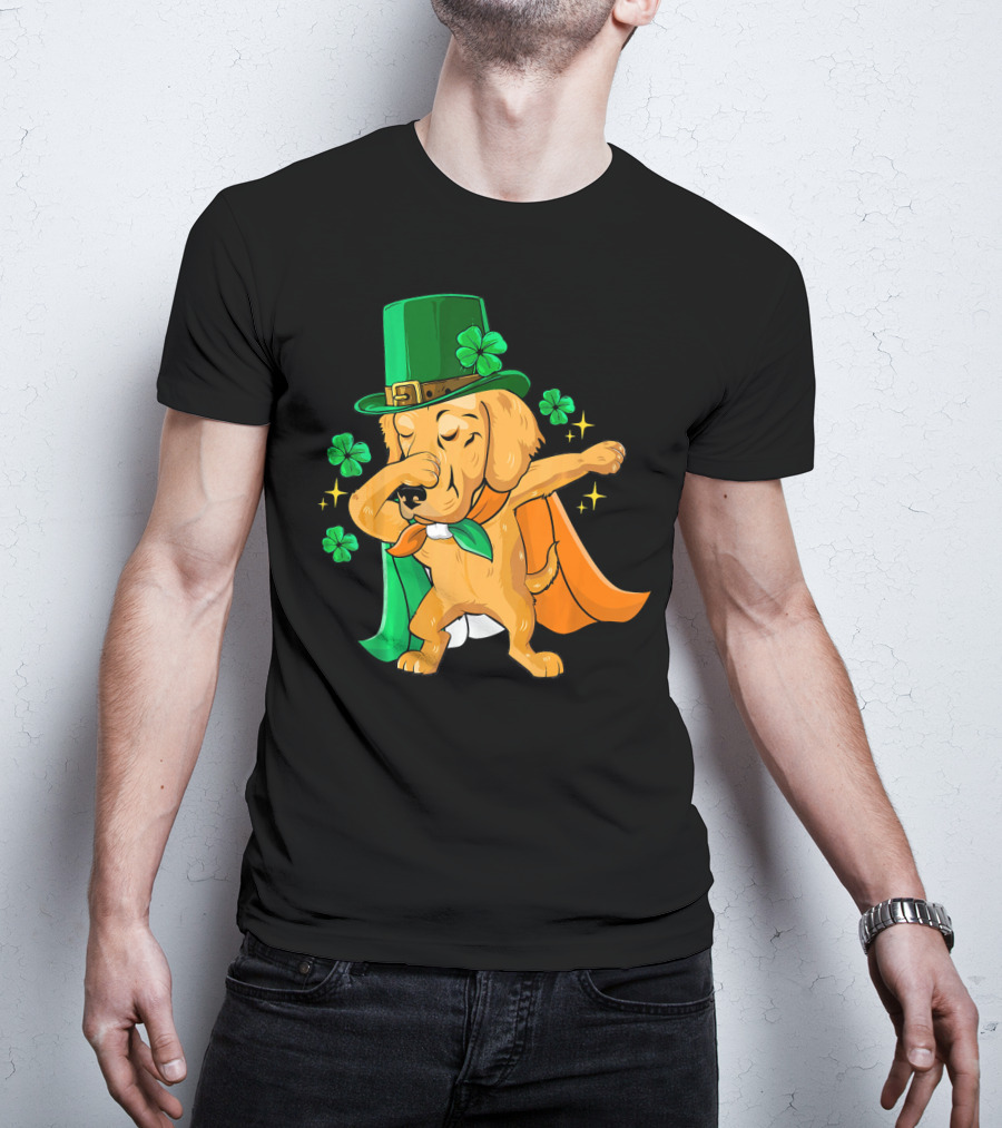 Golden Retriever Dabbing In Leprechaun Hat With Shamrock Cape T-Shirt