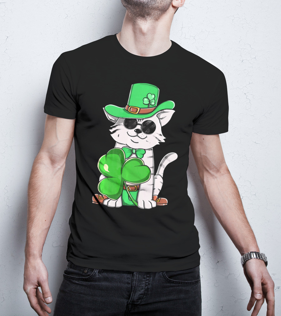 Leprechaun Cat Shamrock Irish St Pat Day Kitty T-Shirt