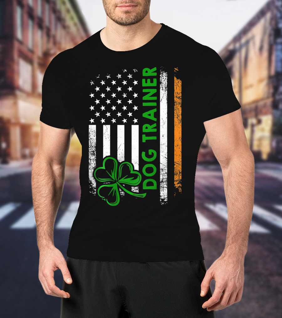 Irish Dog Trainer Shamrock American Flag T-Shirt