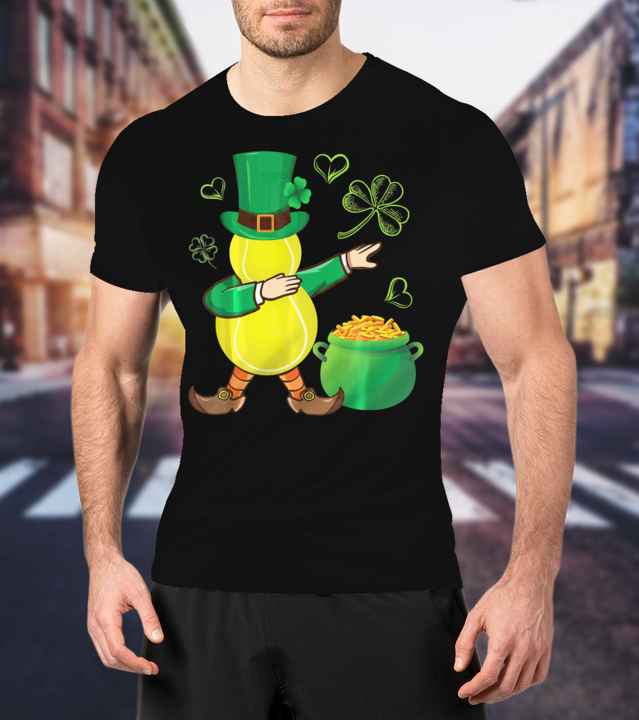 Tennis Leprechaun Dabbing With Gold Pot And Shamrocks T-Shirt