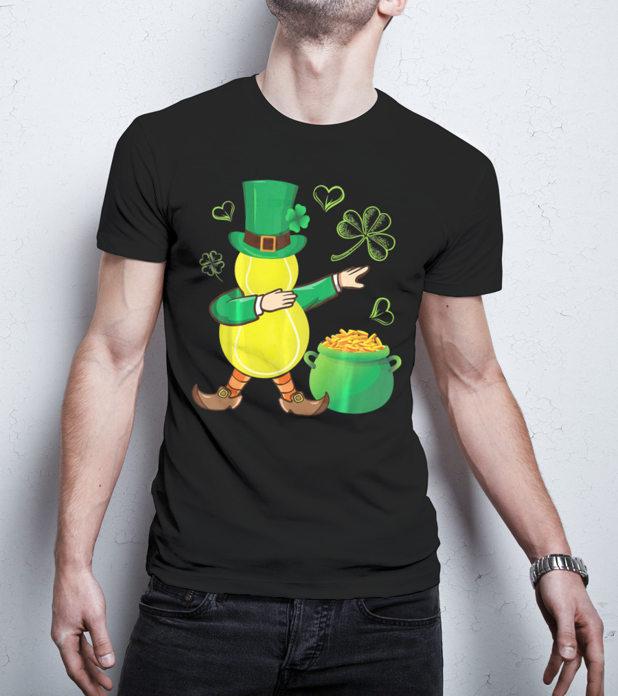 Tennis Leprechaun Dabbing With Gold Pot And Shamrocks T-Shirt