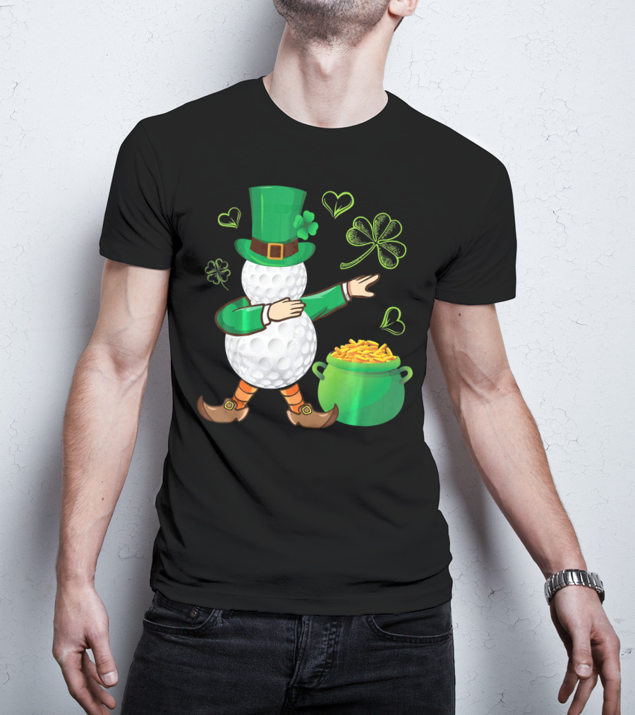 Golf Leprechaun Dabbing With Gold Shamrock And Pot Of Gold T-Shirt