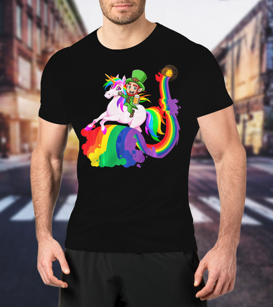 Patrick Leprechaun Riding Unicorn Rainbow With Beer And Pot Of Gold T-Shirt