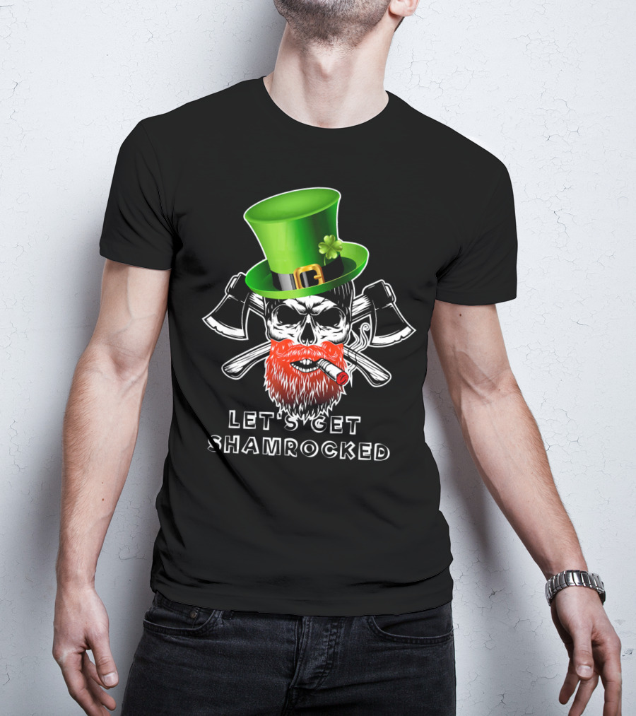 Let's Get Shamrocked St Patrick's Day Skull With Green Hat And Axes T-Shirt