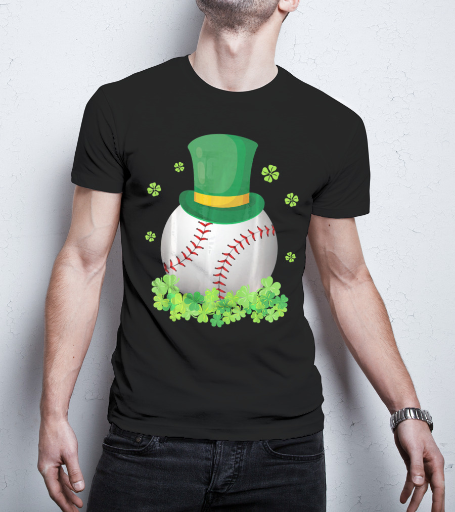 Baseball Leprechaun Hat With Shamrocks And Four-Leaf Clovers T-Shirt