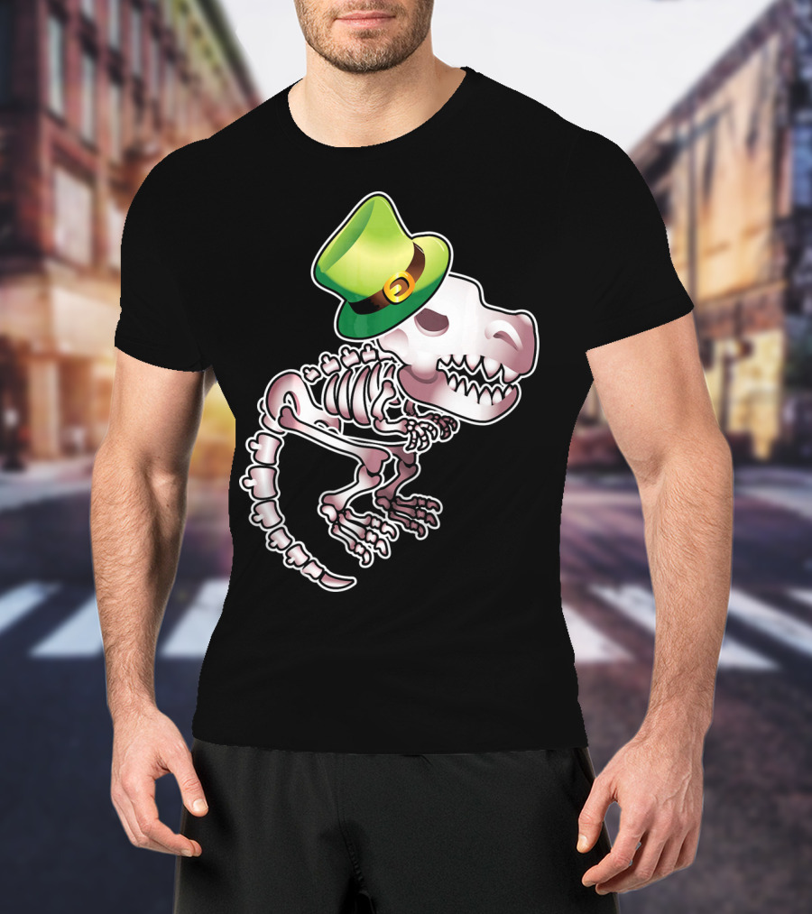 T Rex Dinosaur Skeleton With Green Leprechaun Hat T-Shirt