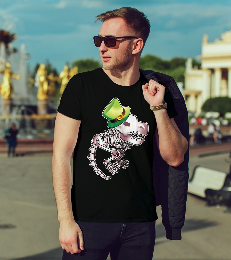 T Rex Dinosaur Skeleton With Green Leprechaun Hat T-Shirt