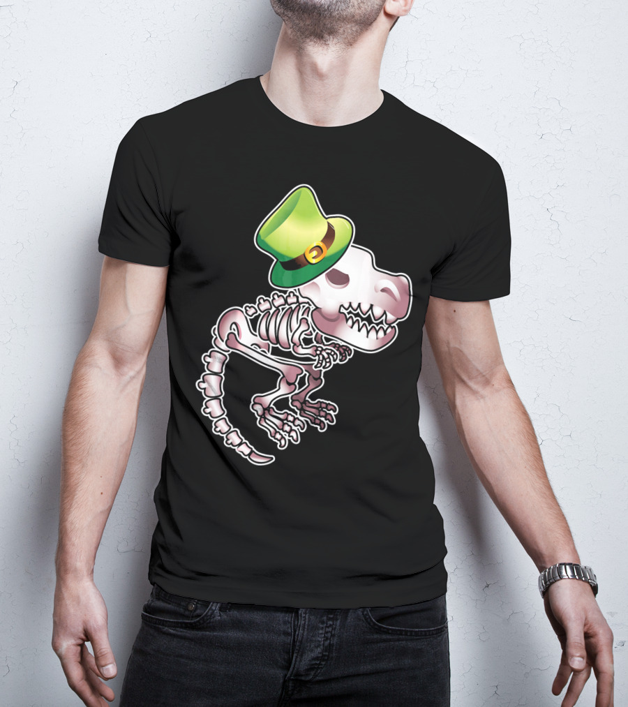 T Rex Dinosaur Skeleton With Green Leprechaun Hat T-Shirt