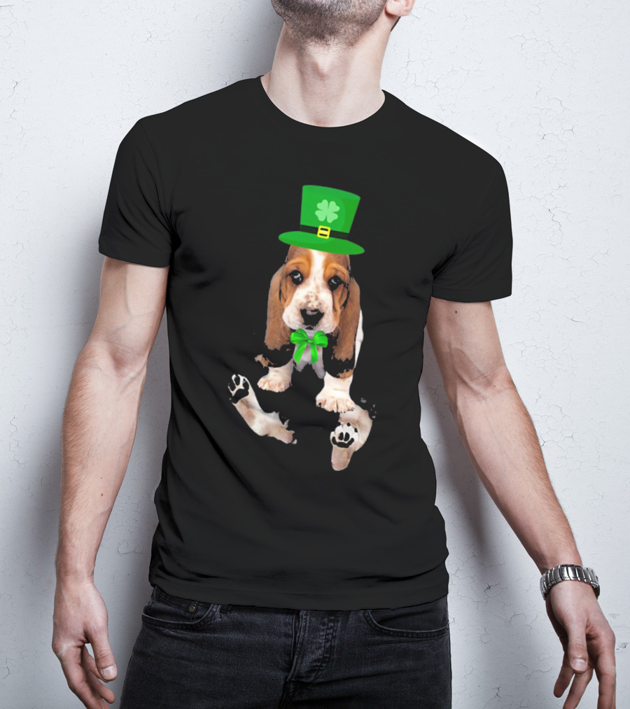 Basset Hound Puppy St. Patrick's Day Leprechaun Hat With Shamrock T-Shirt