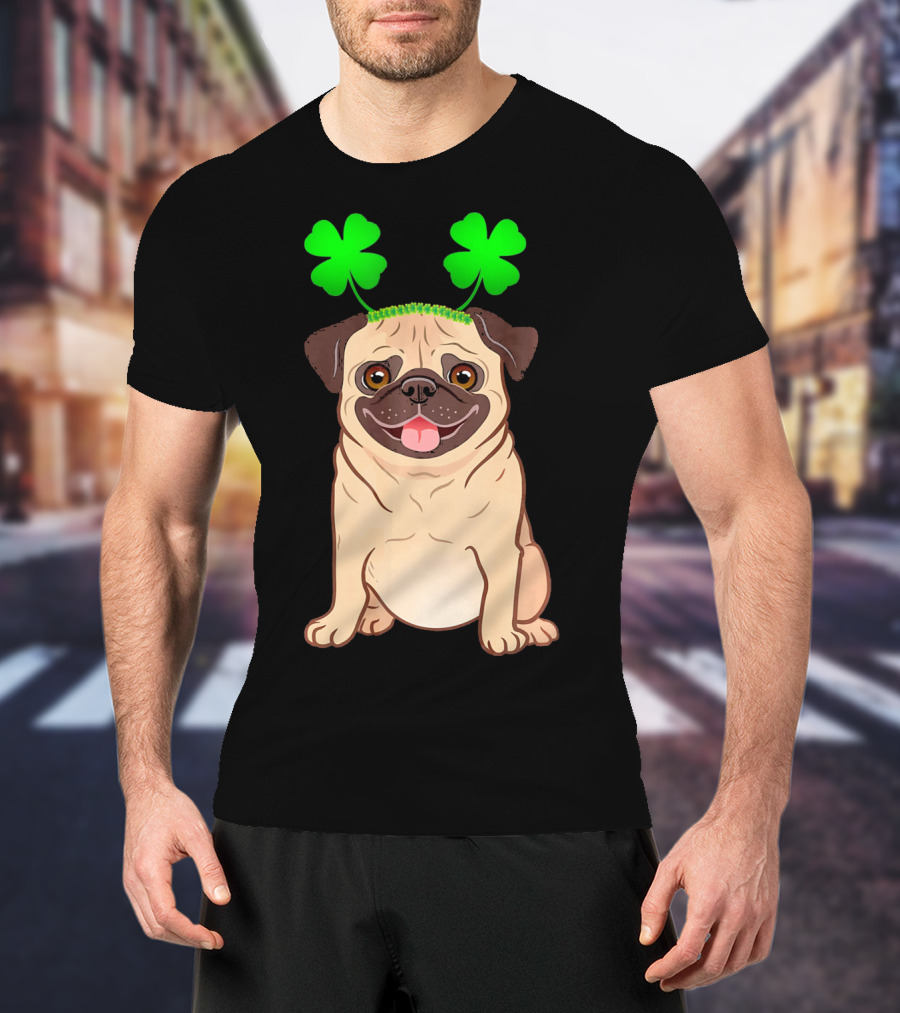 Cute Pug Adorned In Shamrock Headband With Happy Expression T-Shirt