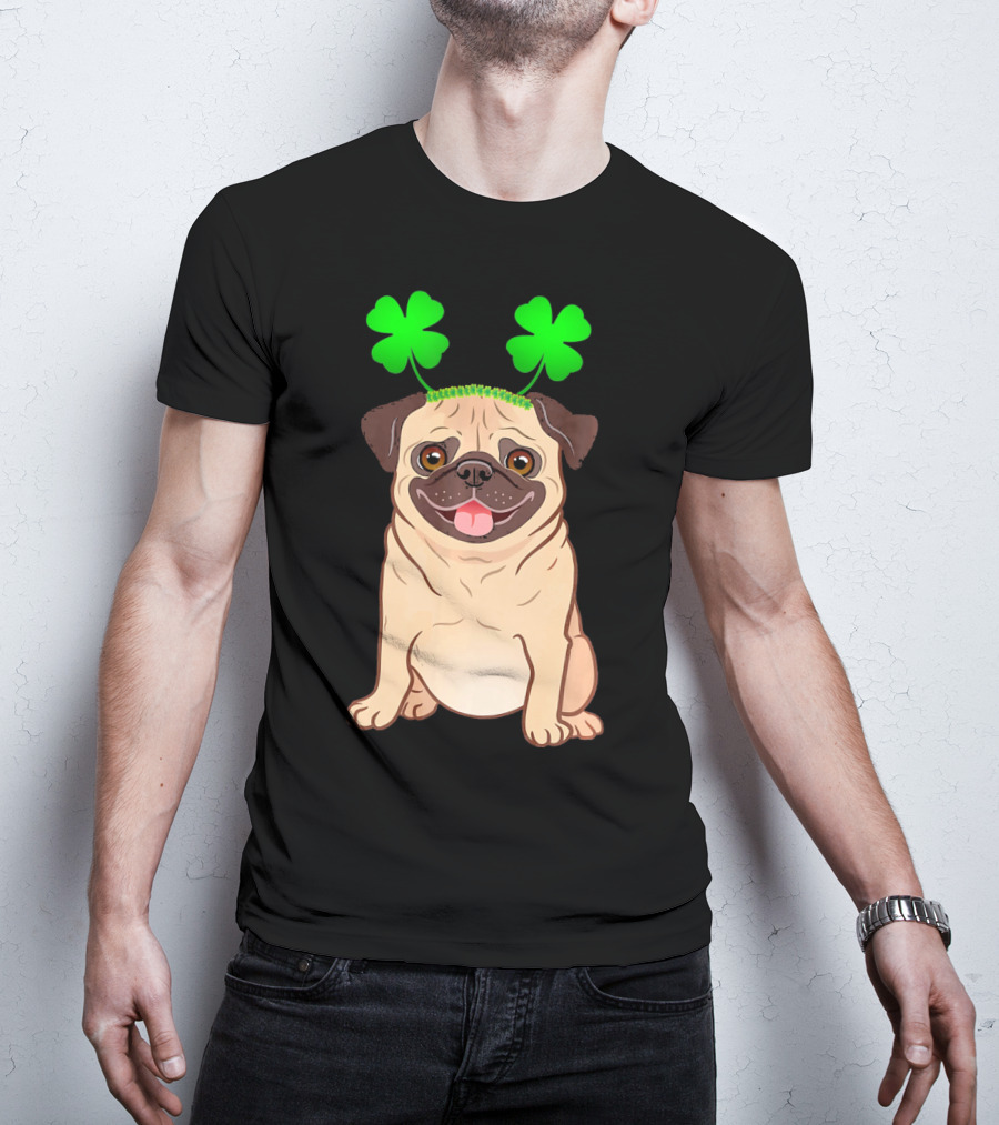Cute Pug Adorned In Shamrock Headband With Happy Expression T-Shirt