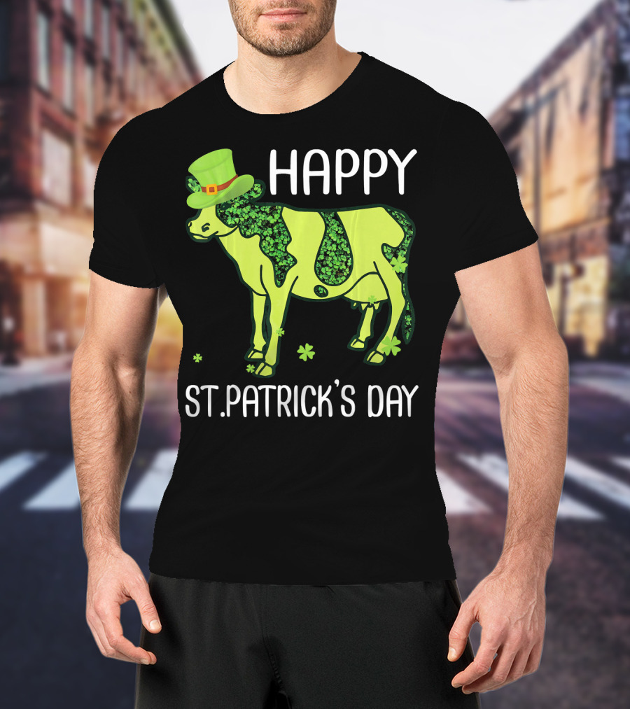 Happy St. Patrick's Day Shamrocks Cow Leprechaun T-Shirt
