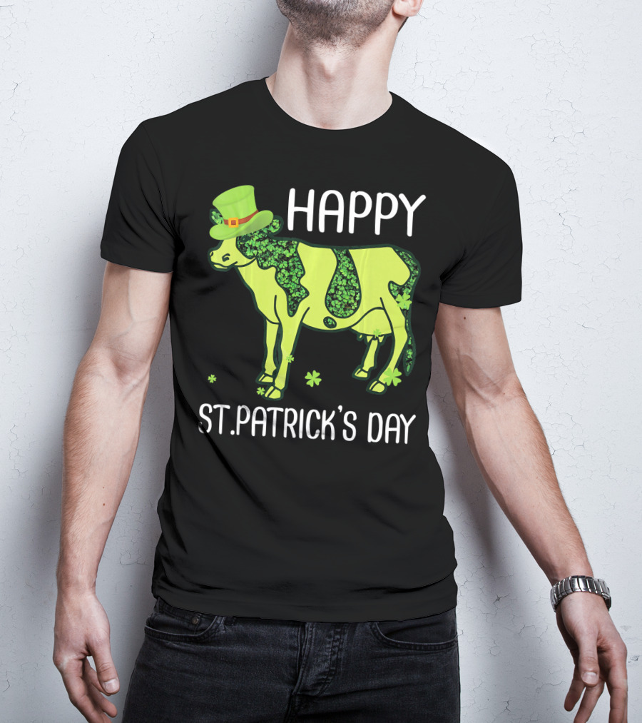 Happy St. Patrick's Day Shamrocks Cow Leprechaun T-Shirt