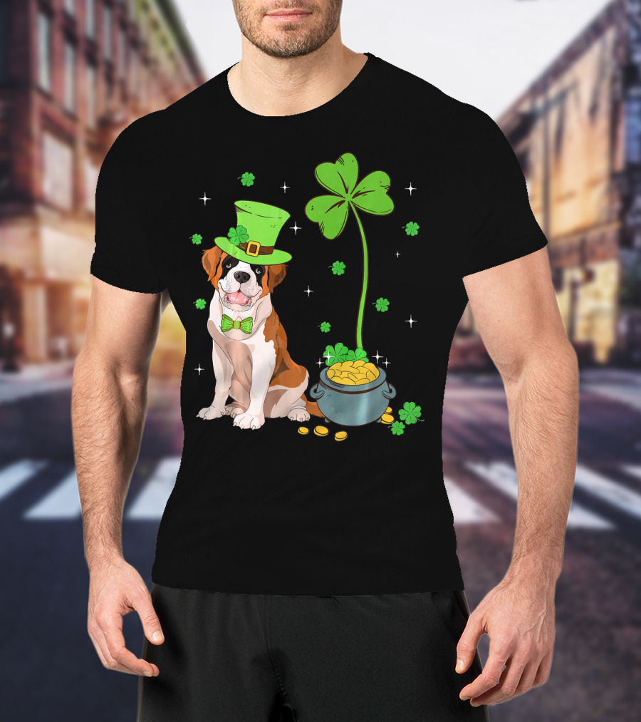 Shamrock Leprechaun Saint Bernard St Patrick's Day Dog Pot Of Gold T-Shirt