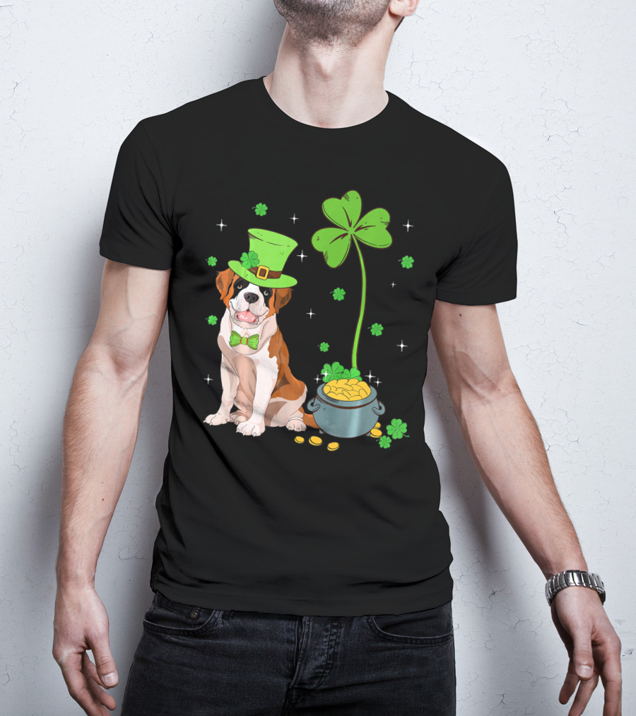 Shamrock Leprechaun Saint Bernard St Patrick's Day Dog Pot Of Gold T-Shirt