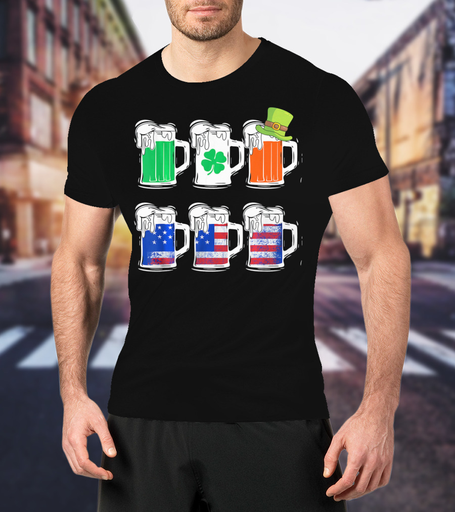 Saint Patricks Irish American Flag Beer Mug With Shamrock And Leprechaun Hat T-Shirt