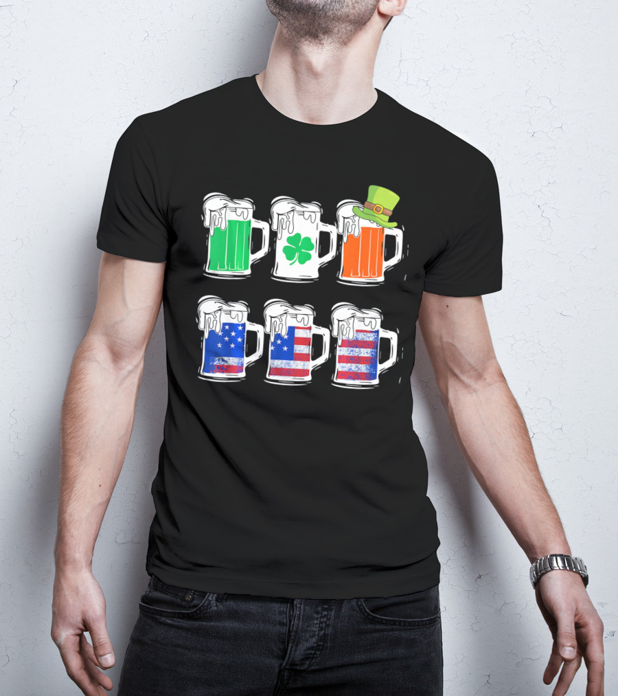 Saint Patricks Irish American Flag Beer Mug With Shamrock And Leprechaun Hat T-Shirt