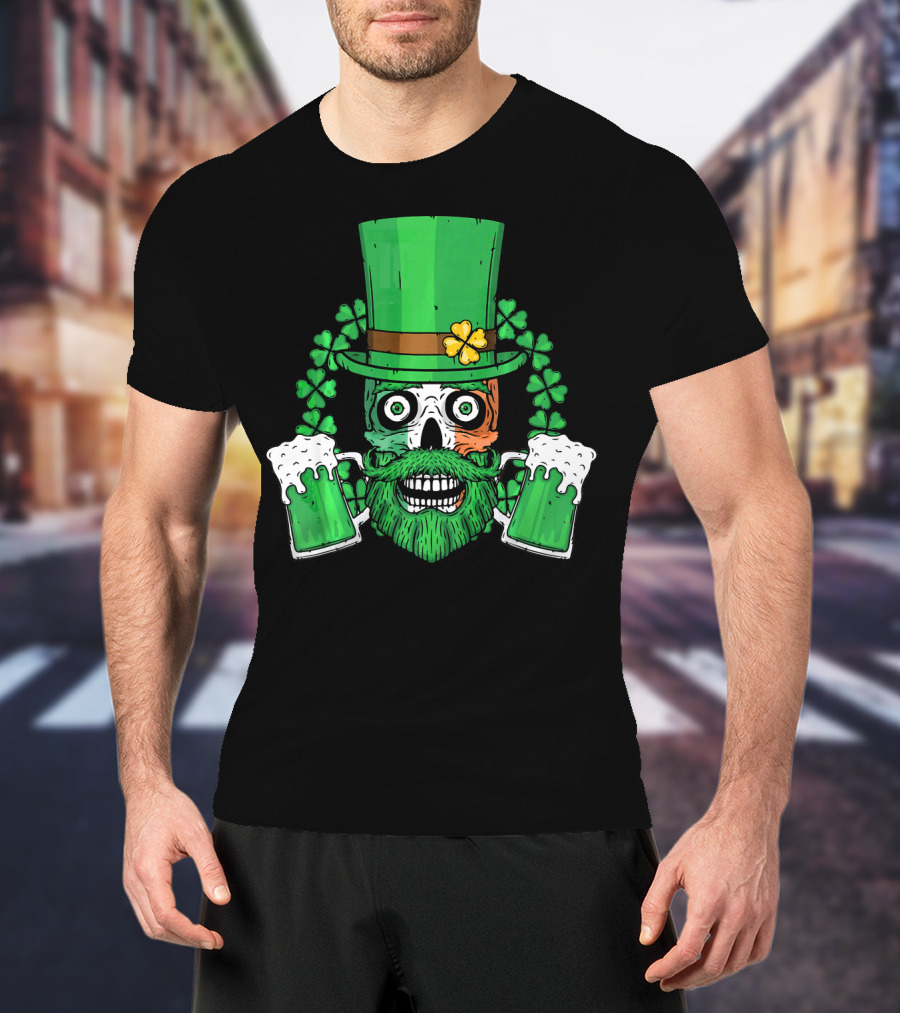 Irish Flag Leprechaun Skull With Shamrock And Beer Mugs T-Shirt