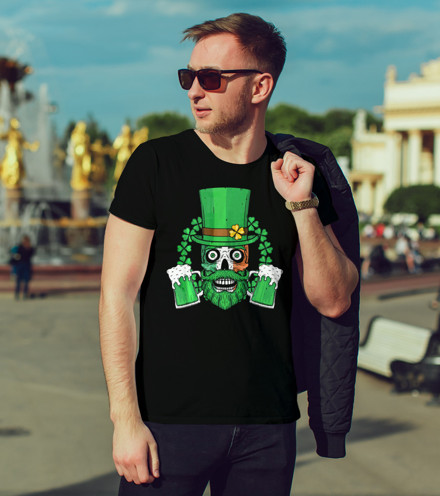 Irish Flag Leprechaun Skull With Shamrock And Beer Mugs T-Shirt