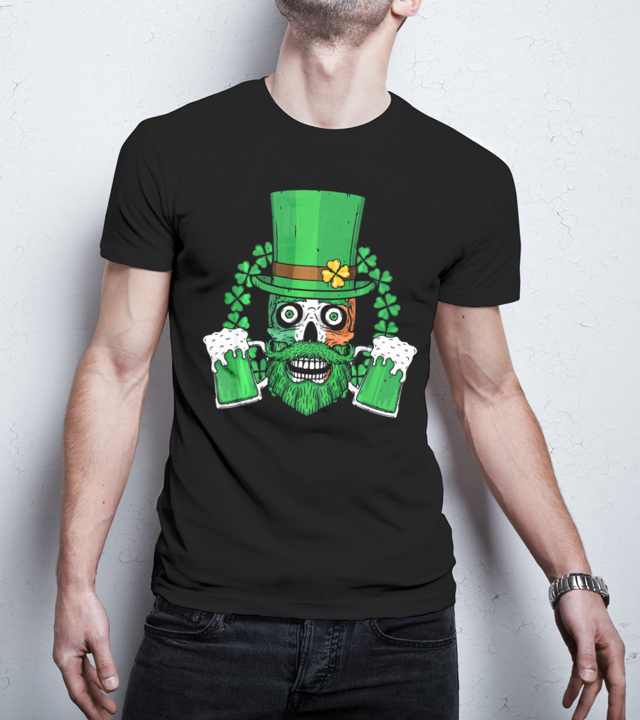 Irish Flag Leprechaun Skull With Shamrock And Beer Mugs T-Shirt