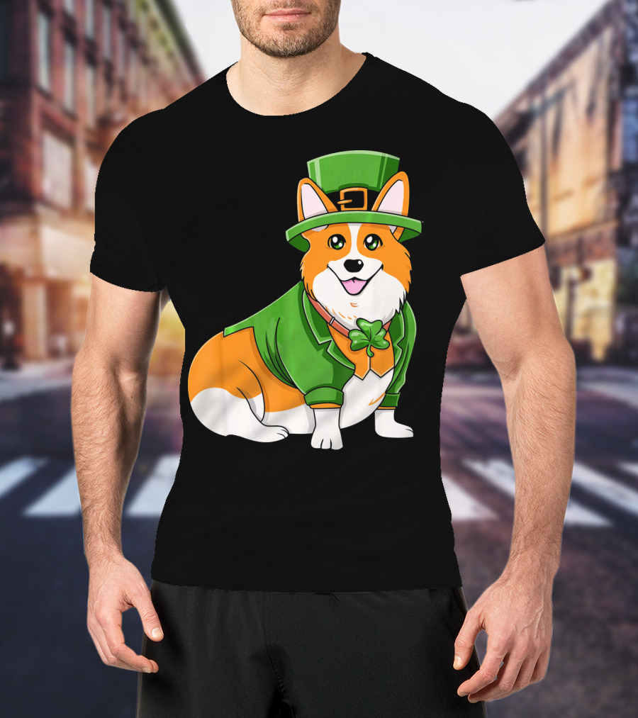 St Patricks Day Corgi Irish Dog In Leprechaun Hat And Green Suit T-Shirt