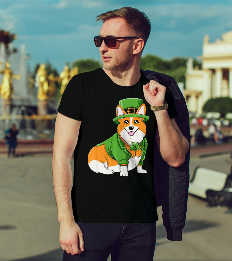 St Patricks Day Corgi Irish Dog In Leprechaun Hat And Green Suit T-Shirt