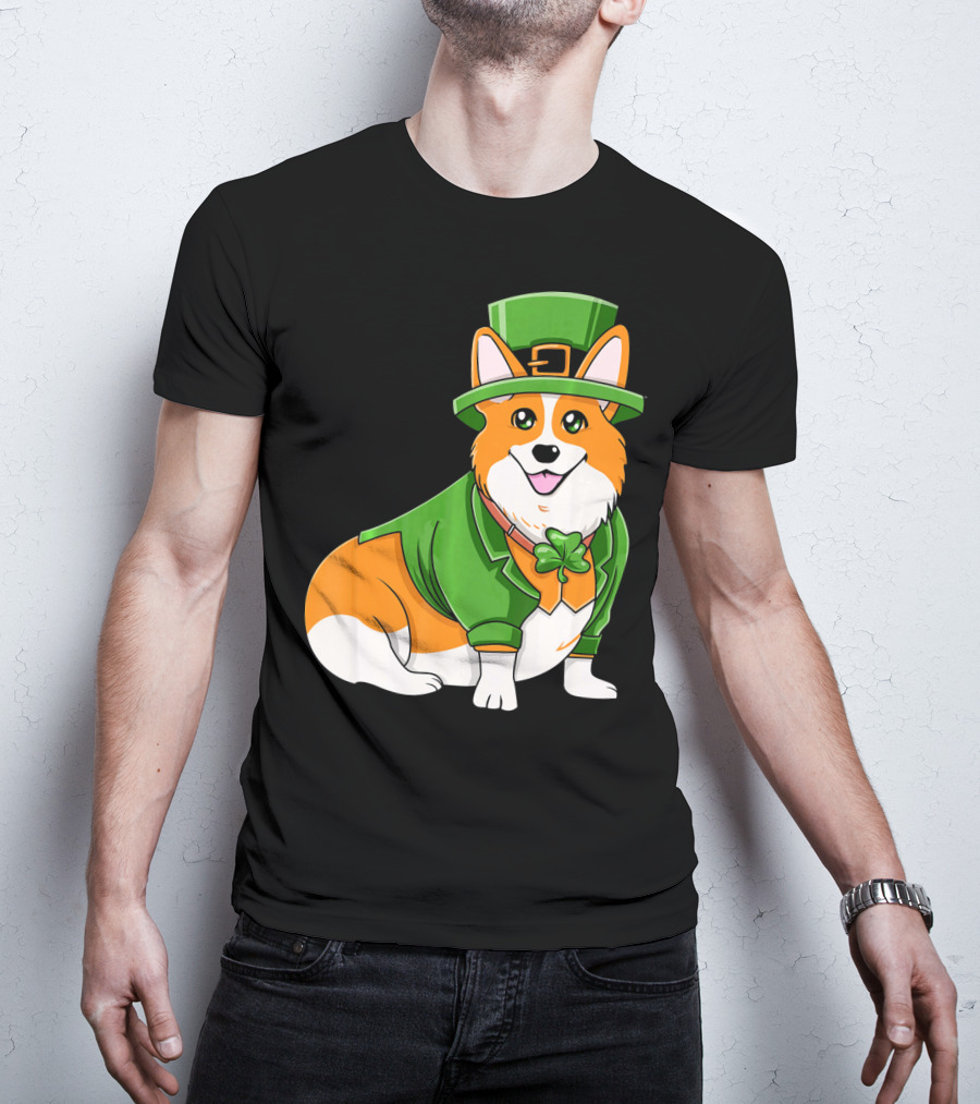 St Patricks Day Corgi Irish Dog In Leprechaun Hat And Green Suit T-Shirt