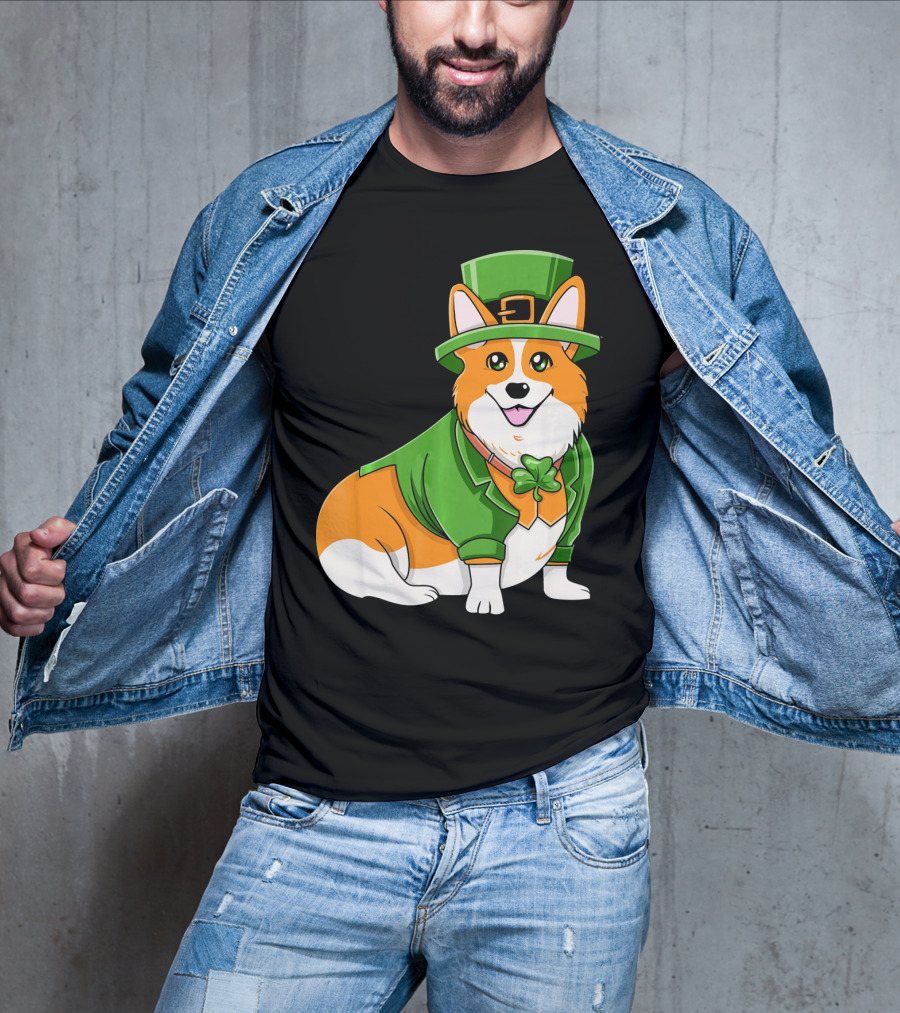 St Patricks Day Corgi Irish Dog In Leprechaun Hat And Green Suit T-Shirt