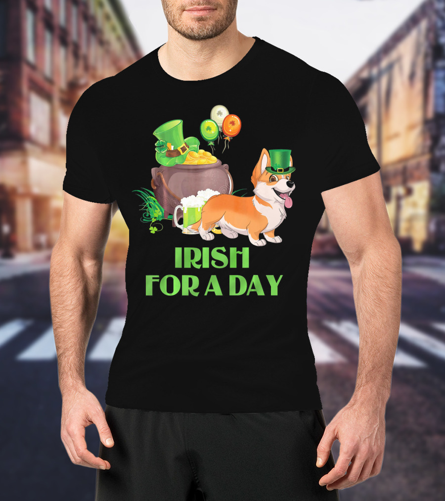 Irish For A Day Welsh Corgi Dog Leprechaun Pot Of Gold Balloons T-Shirt
