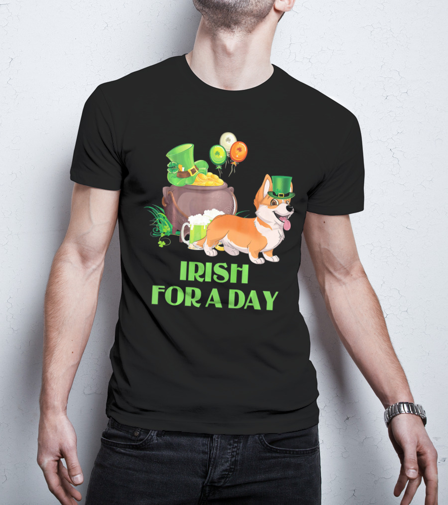 Irish For A Day Welsh Corgi Dog Leprechaun Pot Of Gold Balloons T-Shirt