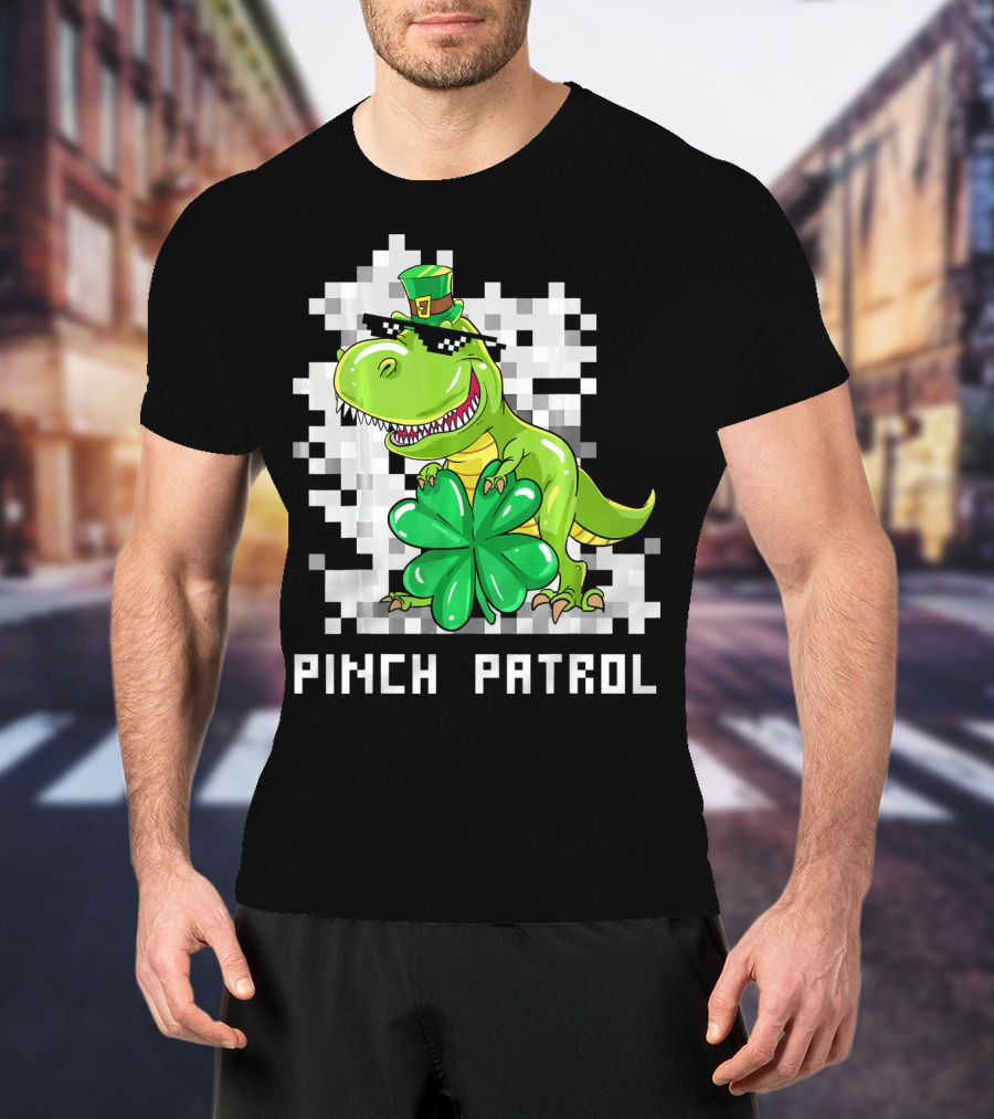 St Patrick Day Dinosaur Pinch Patrol Pixelated Clover And Hat T-Shirt