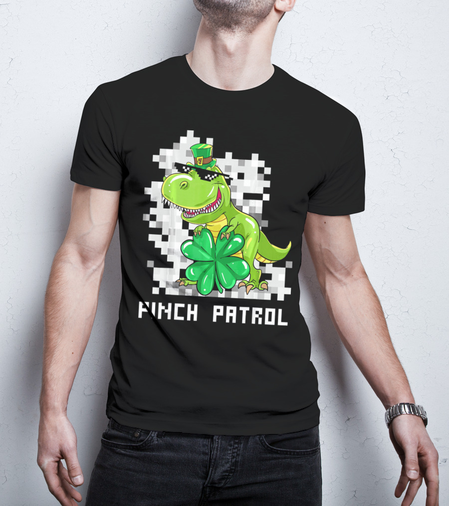 St Patrick Day Dinosaur Pinch Patrol Pixelated Clover And Hat T-Shirt