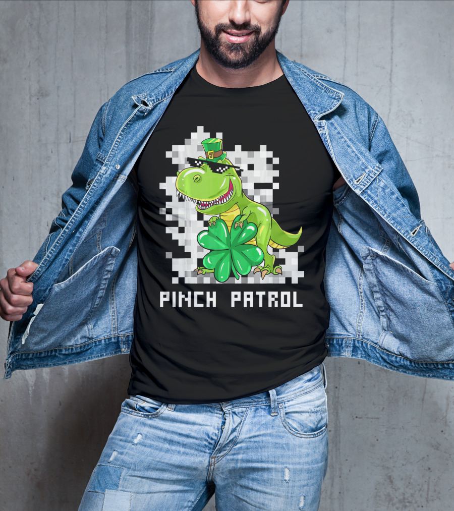 St Patrick Day Dinosaur Pinch Patrol Pixelated Clover And Hat T-Shirt