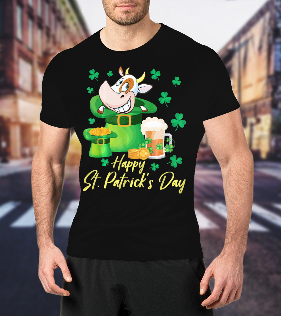 Happy St. Patrick's Day Cow Dancing In Leprechaun Hat With Gold Coins And Beer T-Shirt